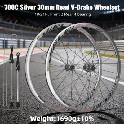 JIELEI 700C Silver Road V-Brake Wheelset 30mm Height Straight Pull Flat Spoke Carbon Fibre Tube Aluminum Alloy Bicycle Wheel