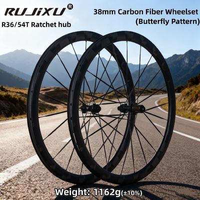 RUJIXU 700C Butterfly Pattern Carbon Fiber 38mm Clincher Wheels 5.2mm Spokes Road Bike Disc 36/54T Ratchet 120 Ring Hub Matte