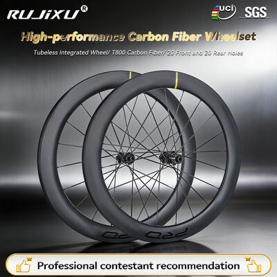 Bon prix Vélo de route RUJIXU en fibre de carbone T800, hauteur 60 mm, frein à disque, 20 rayons, 700C, rayon de 3,7 mm, roue libre 36T, pneu profond à pneu/tubeless en ligne