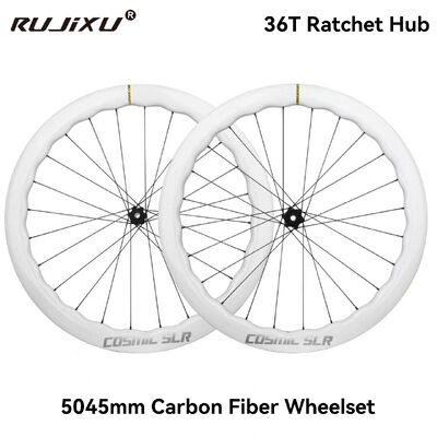 Goede prijs RUJIXU 700C Carbon Fiber Road Bike Wheelset 5045mm Hoogte 36T Ratchet Center Lock Chameleon Disc Brake Clincher Band Glanzend online